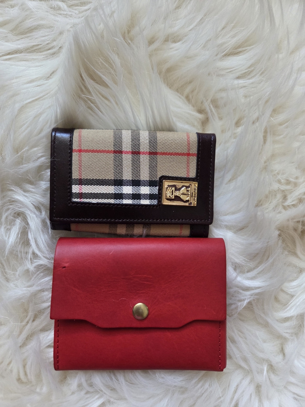 Burberry Beige Plaid and Brown Leather Trifold Wallet Bundle